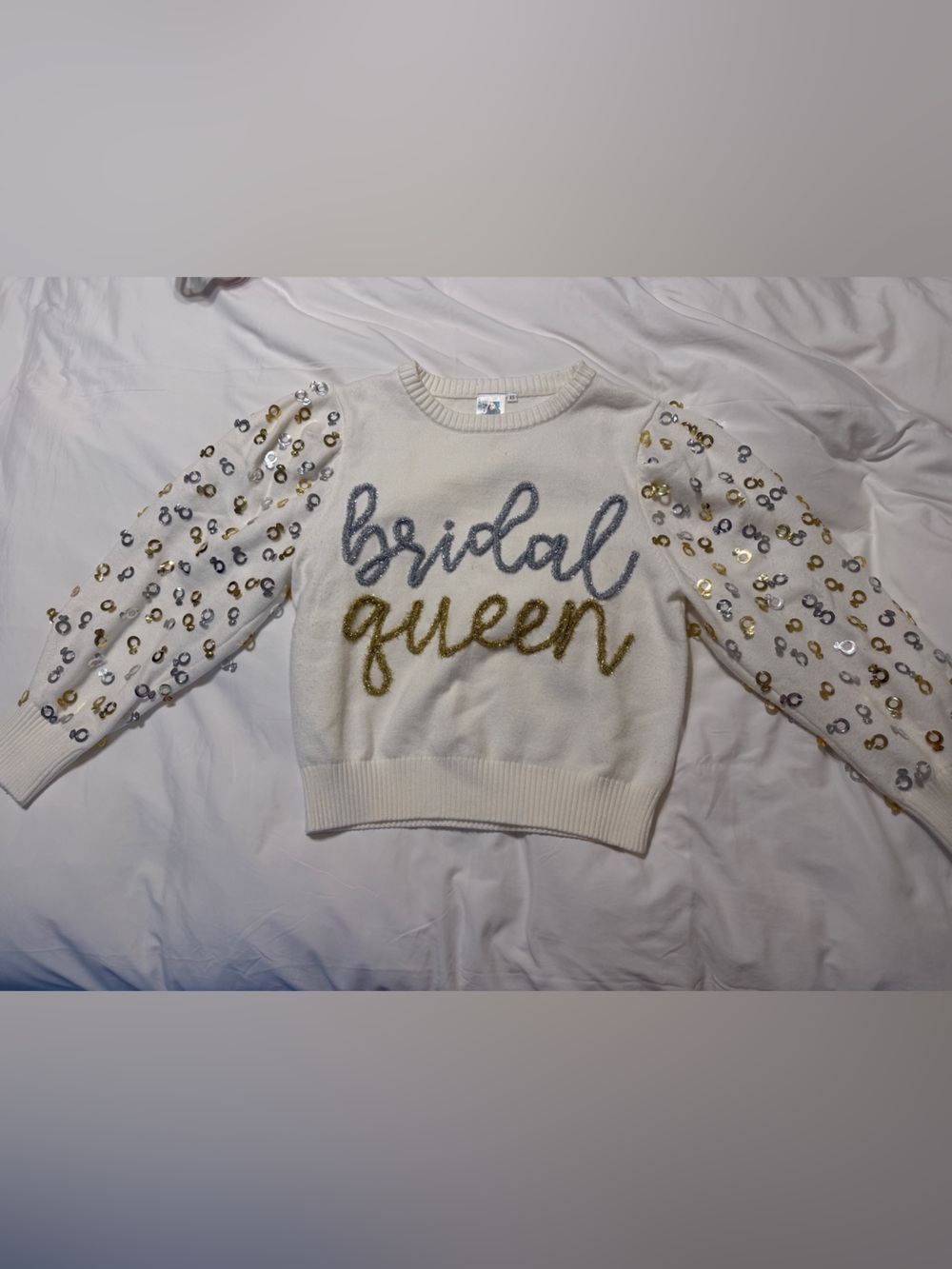 QUEEN OF SPARKLES Cream "Bridal Queen" Sequin Sleeve Sweater